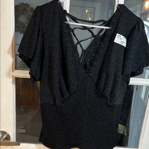 H32.    Willow Black Eyelet Lace-Trim Smocked Waist Top